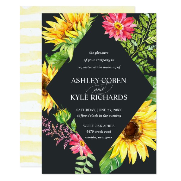256518631315079455 Sunflower wedding in yellow with dark background invitation