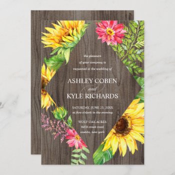 Sunflower Wedding In Yellow With Wood Background Invitation by LangDesignShop at Zazzle