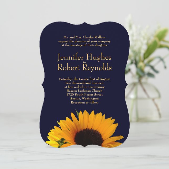Sunflower Wedding Invitation (Navy Blue) (Standing Front)