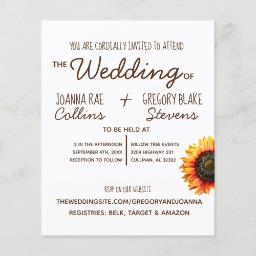 Sunflower Wedding Invitation Postcard Flyer