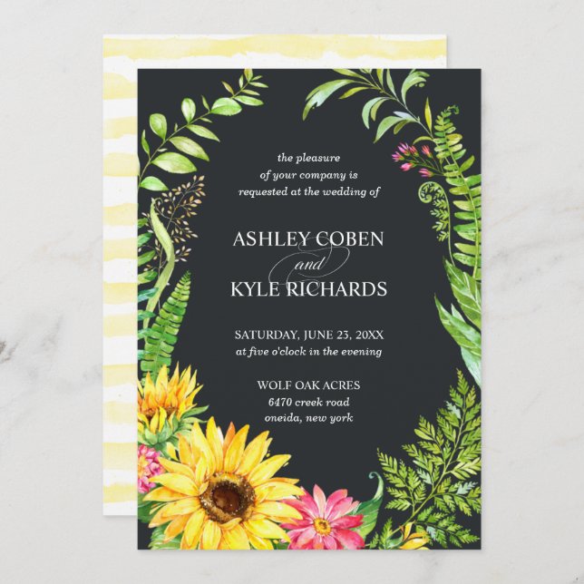 Sunflower wedding invitation with dark background (Front/Back)