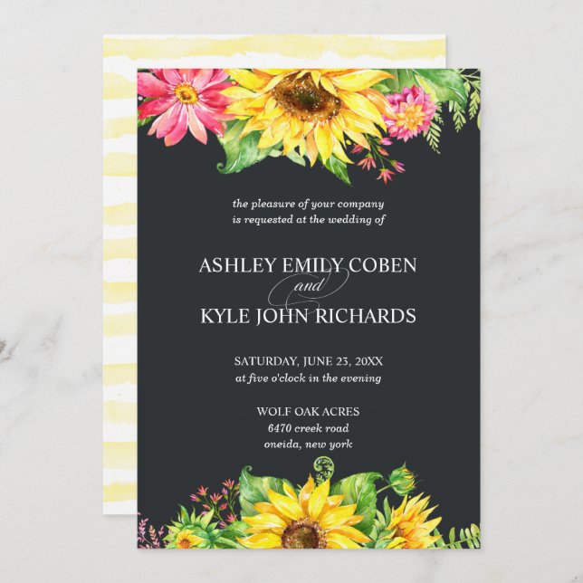 Sunflower wedding invitation with dark background (Front/Back)