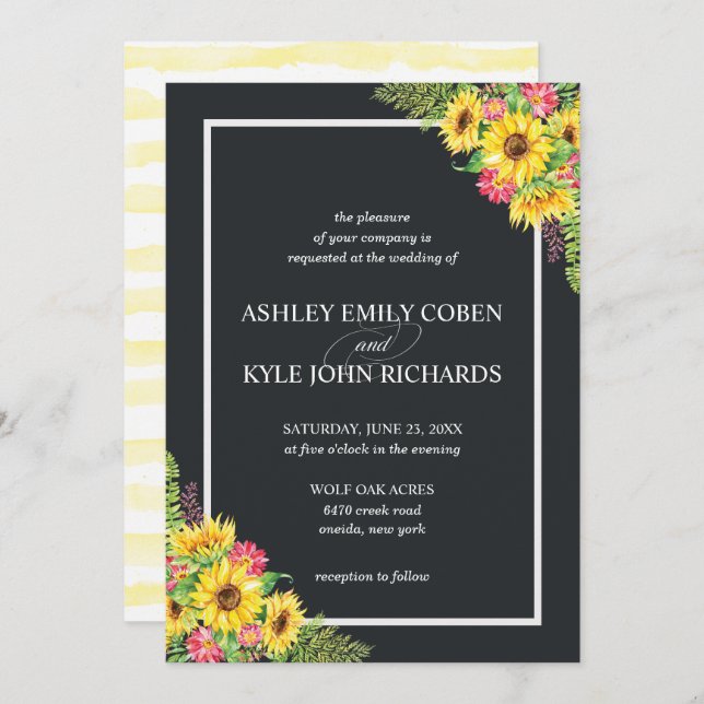 Sunflower wedding invitation with dark background (Front/Back)