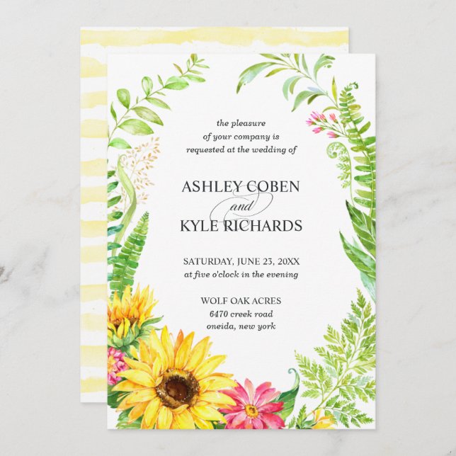 Sunflower wedding invitation with floral frame (Front/Back)
