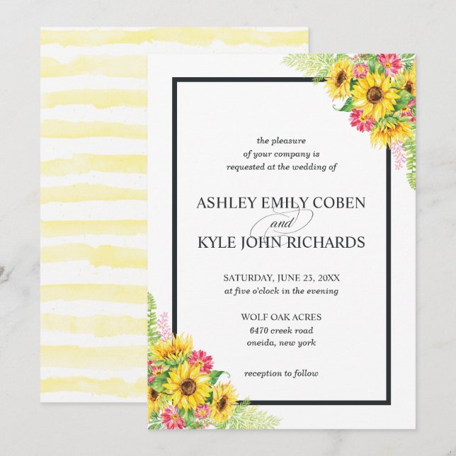 Sunflower wedding invitation with pink flowers (Front/Back)