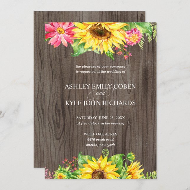 Sunflower wedding invitation with wood background (Front/Back)