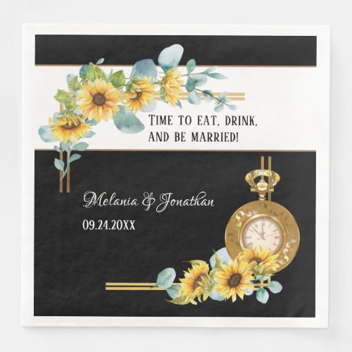 Sunflower Wedding Paper Dinner Napkin Black