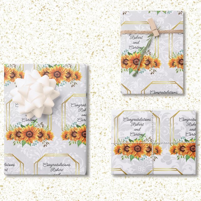 Sunflower Wedding Personalized Names on Damask 3  Wrapping Paper Sheets (Creator Uploaded)