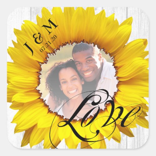 Sunflower Wedding Personalized Photo Text Square Sticker