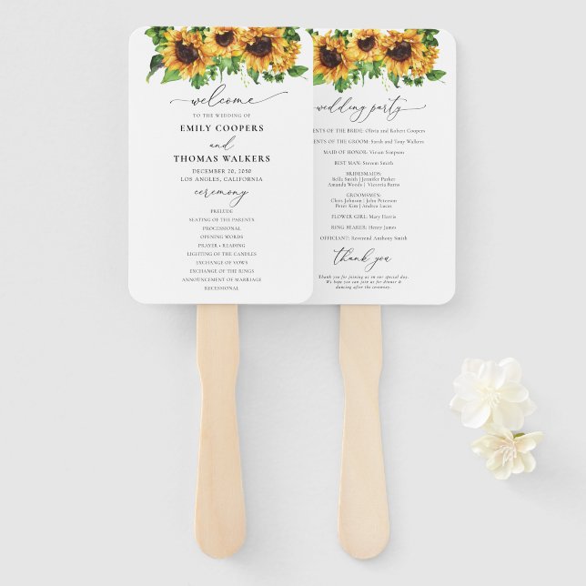 Sunflower Wedding Program Hand Fan (Front and Back)