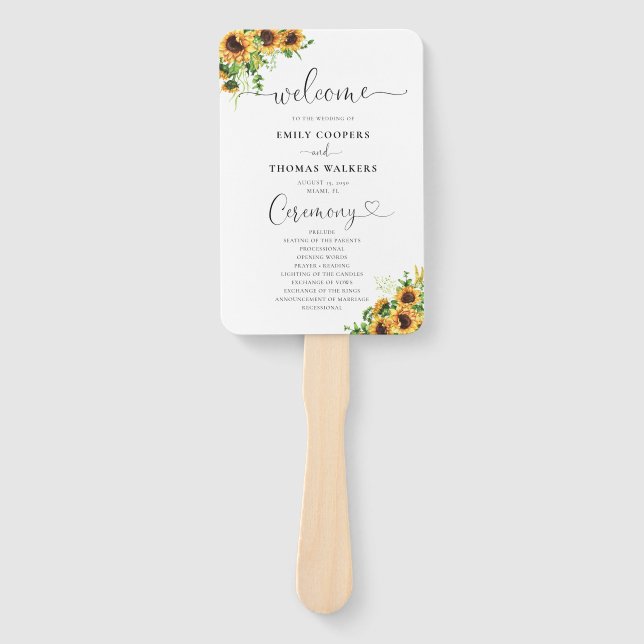 Sunflower Wedding Program Hand Fan (Front)