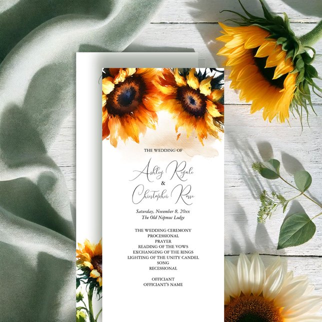 Sunflower Wedding Program - Rustic (Rustic wedding programs watercolor sunflowers exclusive to VG Invites)