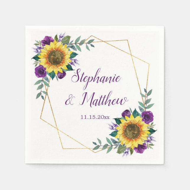 Sunflower Wedding Purple Floral Elegant Napkins (Front)