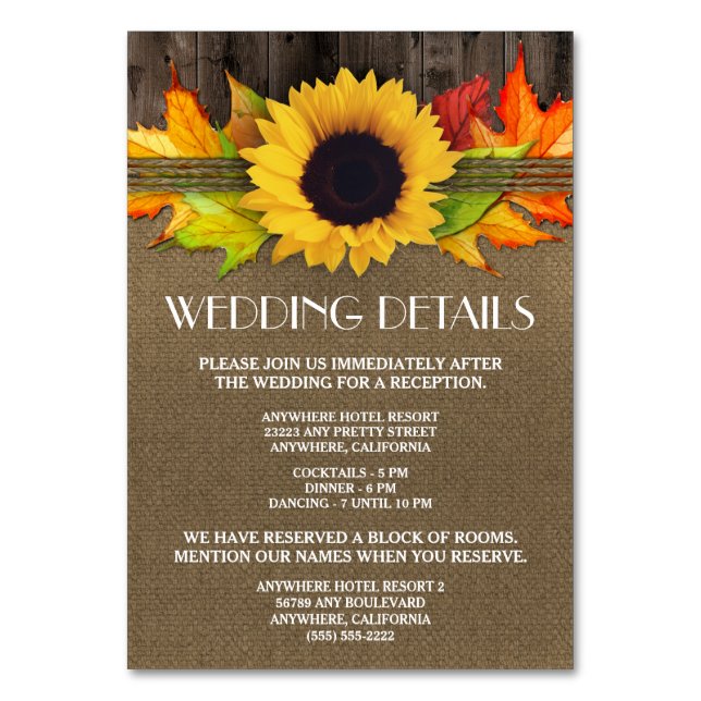 Sunflower Wedding Reception Accommodation Cards (Front)