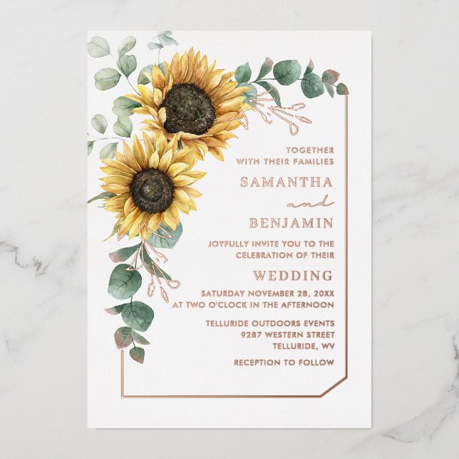 Sunflower Wedding Rose Gold Foil Invitation (Front)