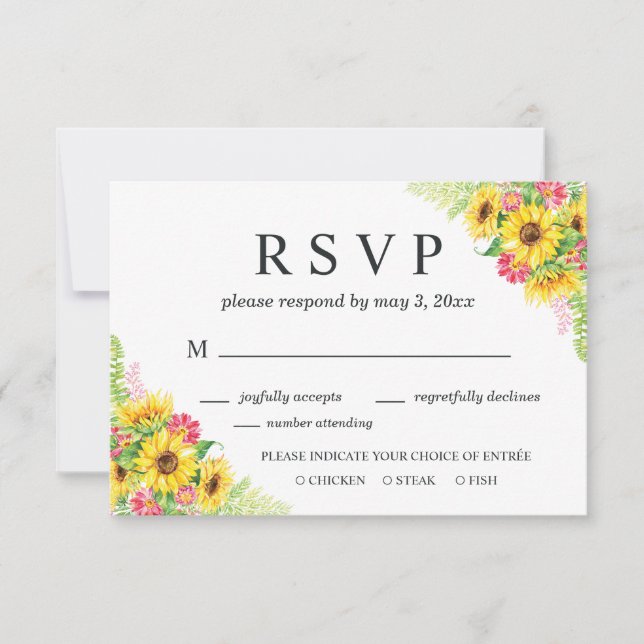 Sunflower Wedding RSVP Card with Dinner Choice (Front)
