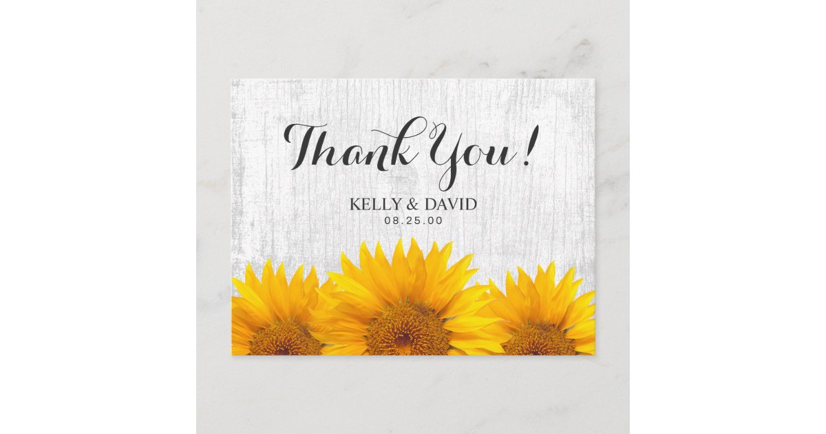 Sunflower Wedding Rustic Barn Wood Thank You Postcard | Zazzle