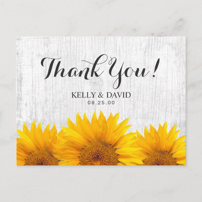 Sunflower Wedding Rustic Barn Wood Thank You Postcard (Front)