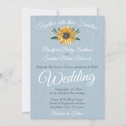 Sunflower Wedding Rustic Dusty Blue Barn Wood Invitation