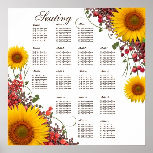 Sunflower Wedding Seating Chart  35 X 35in Size