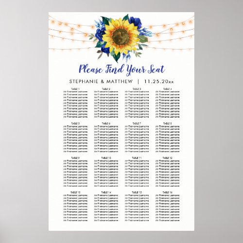 Sunflower Wedding Seating Chart Blue Floral