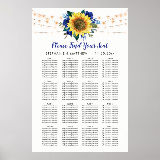 Sunflower Wedding Seating Chart Blue Floral (Front)