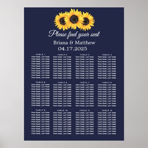 Sunflower Wedding Seating Chart Country Blue