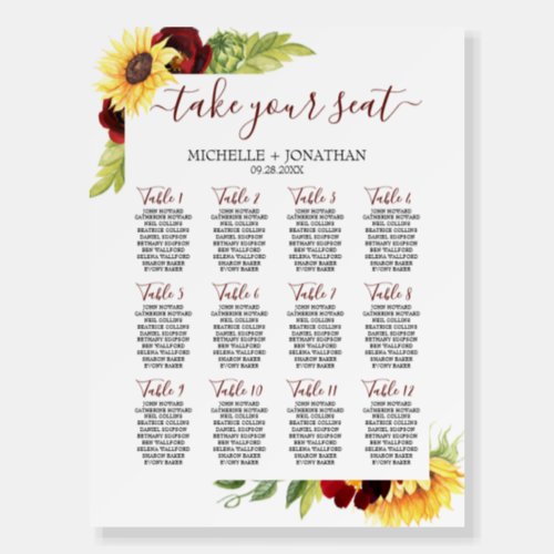 Sunflower Wedding Seating Chart Foam Board Sign