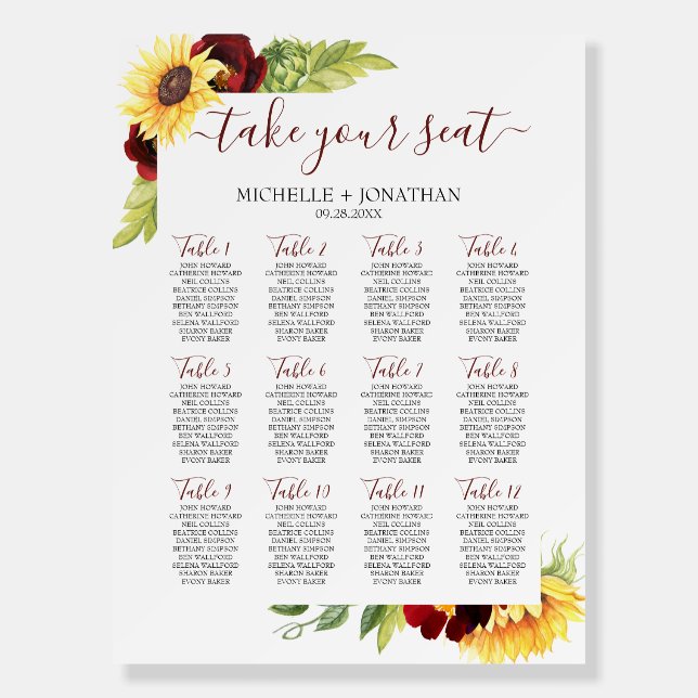 Sunflower Wedding Seating Chart Foam Board Sign (Front)