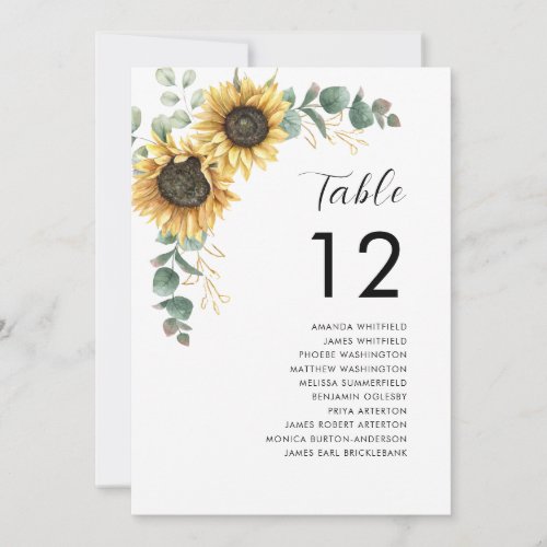 Sunflower Wedding Table Number 12 Seating Chart