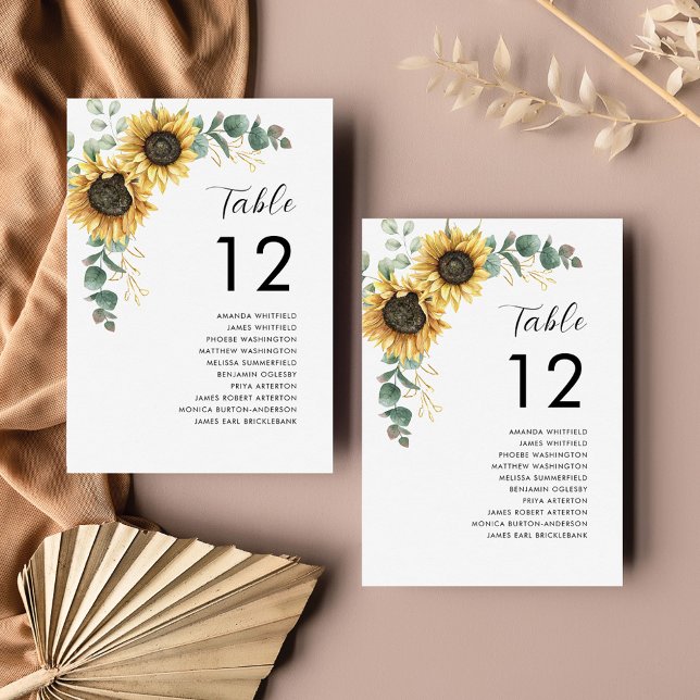 Sunflower Wedding Table Number 12 Seating Chart (Sunflower Eucalyptus Wedding Floral Reception Table Number Card)