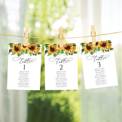 Sunflower Wedding Table Seating Chart Cards