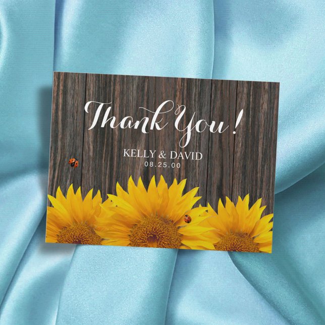 Sunflower Wedding Thank You Ladybug Barn Wood Postcard (Creator Uploaded)