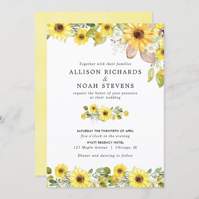 Sunflower wedding watercolors invitation (Front/Back)