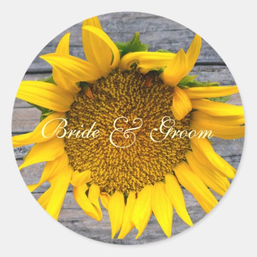 Sunflower Wedding  with post wood 1 Classic Round Sticker