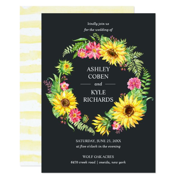 256949540238011909 Sunflower wedding with wreath on dark background invitation