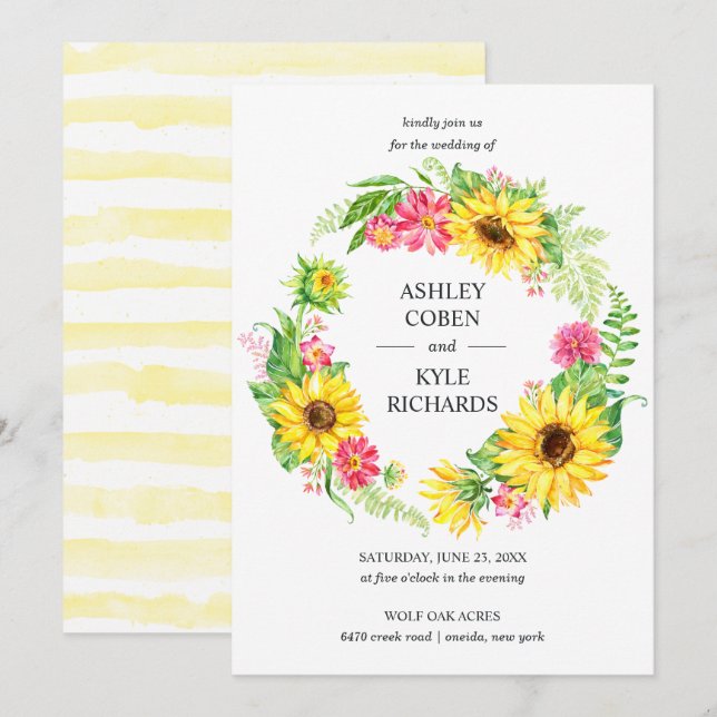 Sunflower wedding with wreath on white background invitation (Front/Back)