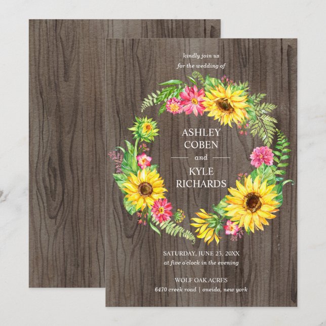 Sunflower wedding with wreath on wood background invitation (Front/Back)