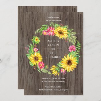 Sunflower Wedding With Wreath On Wood Background Invitation by LangDesignShop at Zazzle