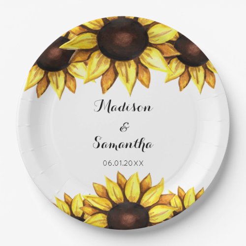 Sunflower Wedding Yellow Watercolor Paper Plates