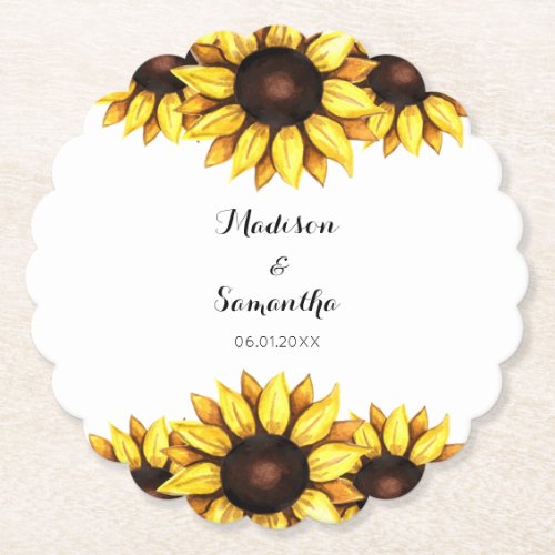 Sunflower Wedding Yellow White Chic Paper Coaster
