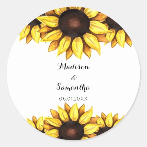 Sunflower Wedding Yellow White Floral Classic Round Sticker