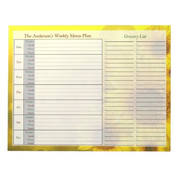 Sunflower Weekly Personalized Menu Plan Notepad by wasootch at Zazzle