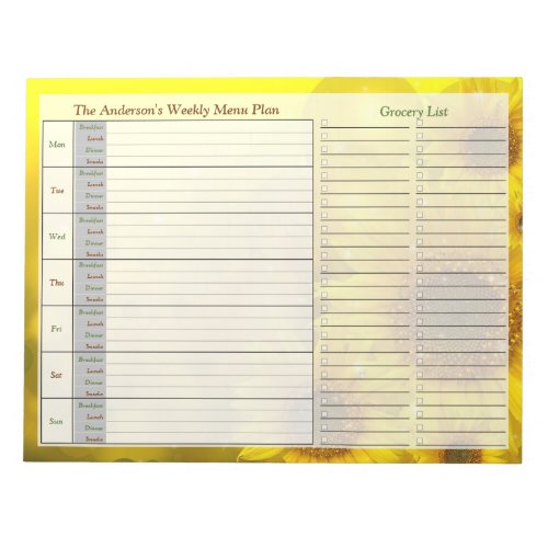 Sunflower Weekly Personalized Menu Plan Notepad