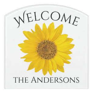 Sunflower Welcome Family Name White Door Sign