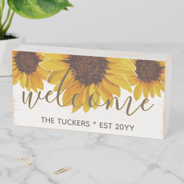 Sunflower Welcome Rustic Home Decor Wooden Box Sign (In Situ Horizontal)