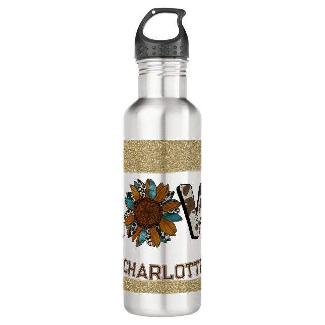 Sunflower Western Love Boho Summer Gold Paint Stainless Steel Water Bottle (Front)