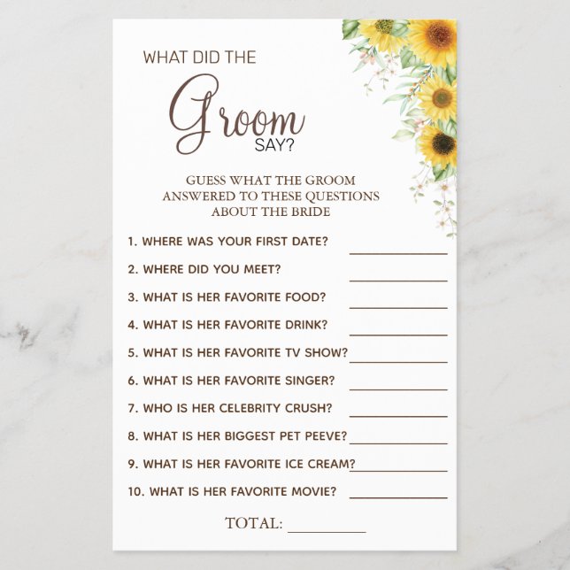 Sunflower What groom say Bridal shower game card Flyer (Front)