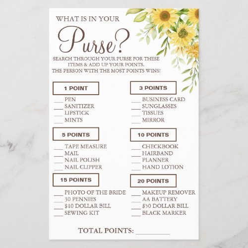 Sunflower What is in your purse Shower game card Flyer