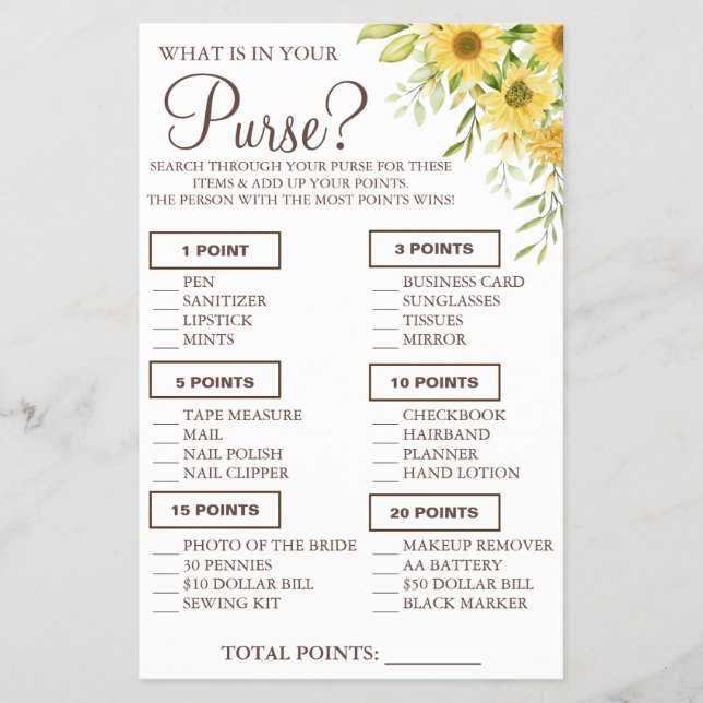 Sunflower What is in your purse Shower game card Flyer (Front)